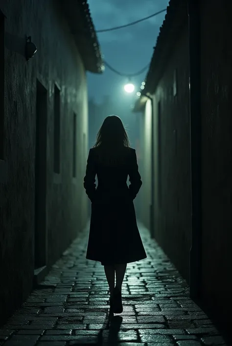 a woman walking down a street alley at night wearing a black overcoat close to small walls