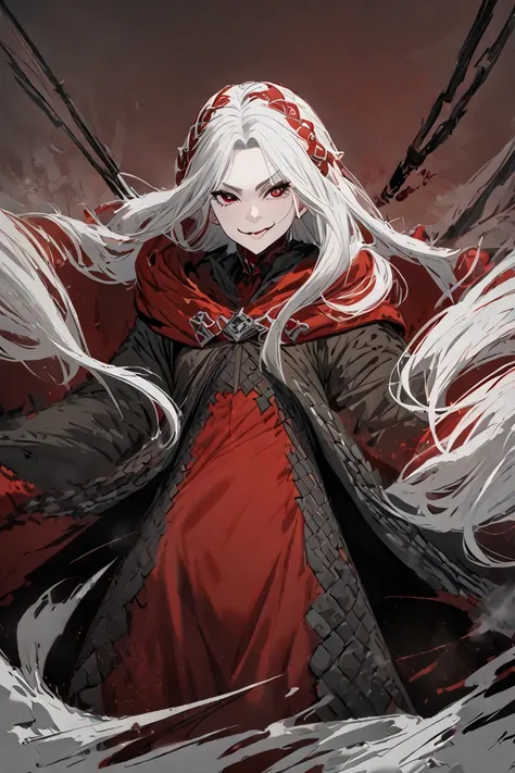 woman, long white hair red tips,  self-confident smile, DND clothes, Villain,  black brown red colors, Throwing weapons , ( masterpiece), ( best quality ), ( ultra detailed )