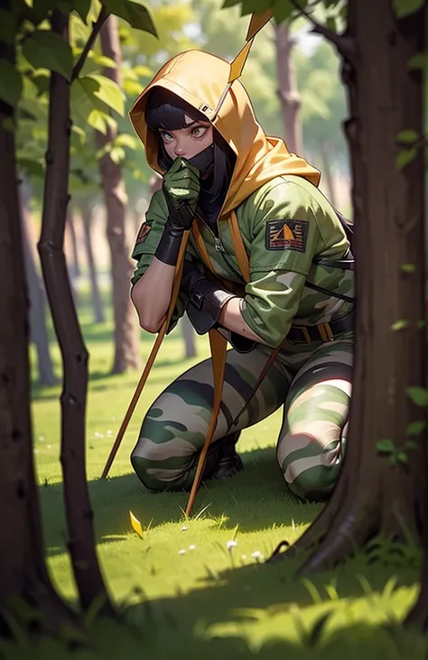 A hooded archer in full camouflage gear, crouching at all times—even during casual conversations. Insists on whispering, even when the coast is clear. Covered in mud and leaves for "extra stealth," despite standing in an open field. Fires arrows with impec...