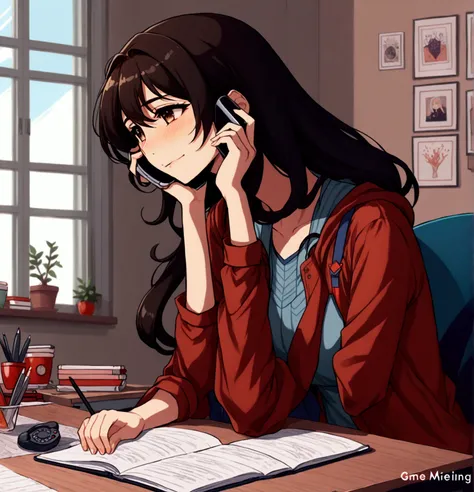 anime girl using a hijab and black round shape eyeglasses sitting on a chair in front of her study desk with a drawing sketchbook at the desk,crying while on a phone call with his boyfriend