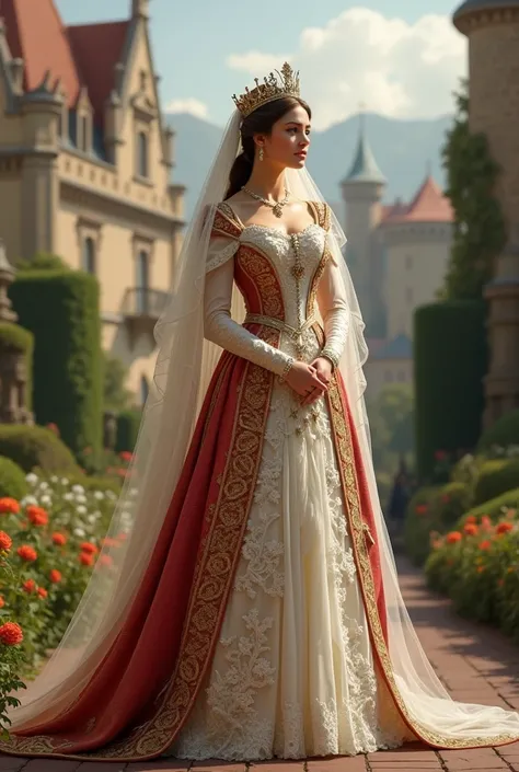 "A regal queen in Europe, depicted head to toe, with a graceful and tall physique. She wears a luxurious dress embellished with gemstones, embroidery, and fine details like sequins and lace. Her tiara and veil add to her royal elegance. The background feat...