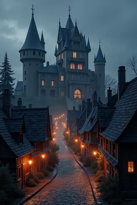 The castle against the backdrop of the kingdom. The buildings are built from spruce oak or dark oak and have black roofs. The streets are dark but haveany lanterns. Its night but the castle is visible and it suits the whole style of the buildings