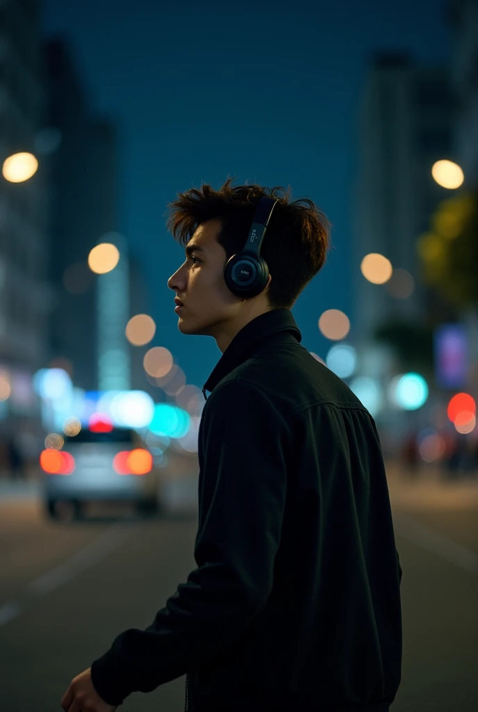 Teenage boy with airpods moving side ways the direction of the camera and the background should be night and could see buildings but its far. The whole pic will be like its a far angle like no one can see the faces it should be far