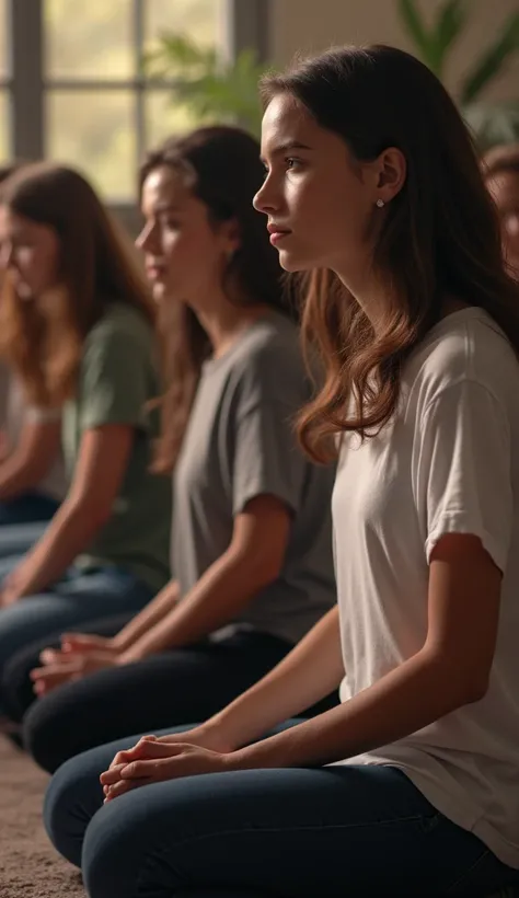 Several people gathered in modern clothing t-shirt pants at a cult praying to God on their knees with faith 8k 