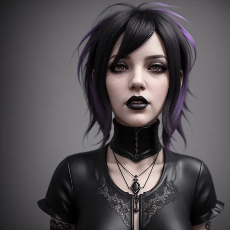 image of a woman with purple-black hair, cute face.  dark fantasy , Epic 3D abstract emo girl, dreamy  Gothic girl ,  Gothic girl  face,  dark fantasy  mixed with realism,  dark fantasy  portrait, 3d render character art 8k , in style of wlop, loish и clam...