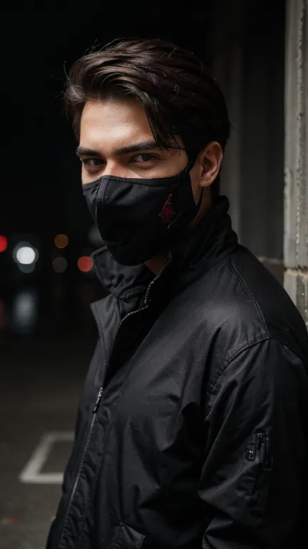 handsome guy wearing cool clothes covering one side of his face with his hand, best quality, red eyes, fanghigh resolution, meng...