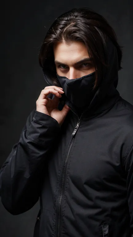 handsome guy wearing cool clothes covering one side of his face with his hand, best quality, red eyes, fanghigh resolution, vamp...