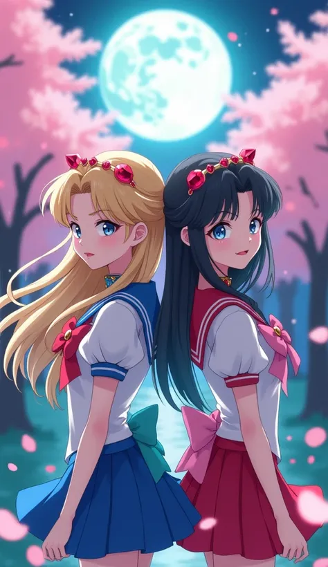 Create a dreamy anime illustration featuring two sailor warriors back-to-back: one with flowing golden blonde hair in signature buns with red jewel decorations, another with long raven-black hair and matching red crystal tiara. Both wearing sailor-style un...