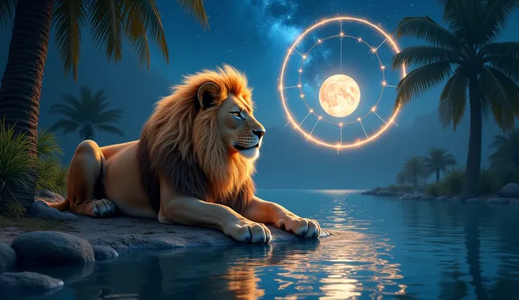 Prompt 6: The Lions Starlit Oasis (Fantasy Realism Style)Imagine a lion resting by a tranquil oasis under a sky full of stars. The scene is depicted in a fantasy realism style, with the lion’s mane flowing like liquid starlight, blending into the shimmerin...