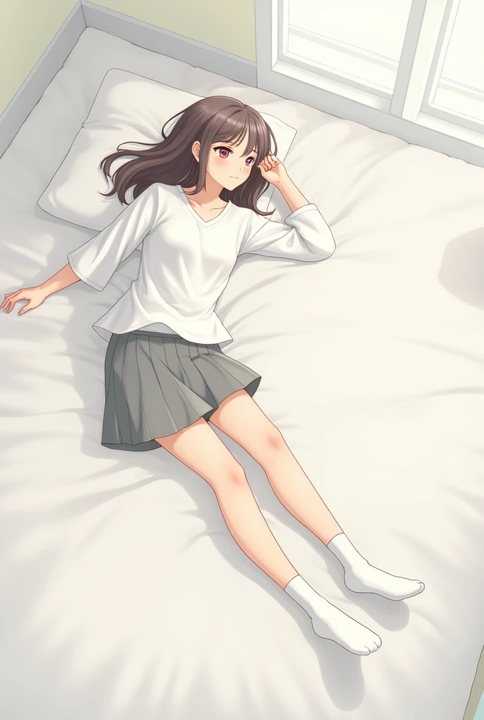 Woman lying in a white shirt, gray short skirt, and white socks