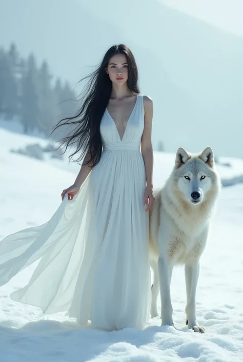 A woman with long black hair, her eyes are black, she wears a windy white dress, and she is in a snowy environment, with a white wolf by her side.