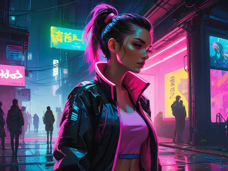 A vibrant and colorful illustration, by ismail inceoglu dragan bibin hans thoma greg rutkowski alexandros pyromallis nekro rene maritte illustrated. cyberpunk futuristic neon, fine details. brightly colored, anime influence, highly detailed

A nighttime sc...