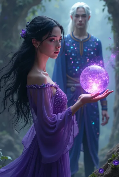 Generate a fantasy image :  In the foreground is an adult girl with black hair and green eyes dressed in purple who is holding a luminous purple crystal ball in her hand, In the background is a 20-year-old man with no beard behind his back:  who has long w...