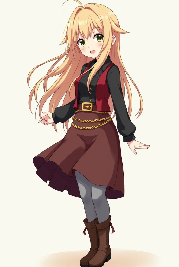  anime girl with blond hair with loose hair and a small braid on the sides with a long sleeve black blouse and a small red vest,  with a brown skirt with a gold belt in the shape of a chain , gray panties and brown boots  