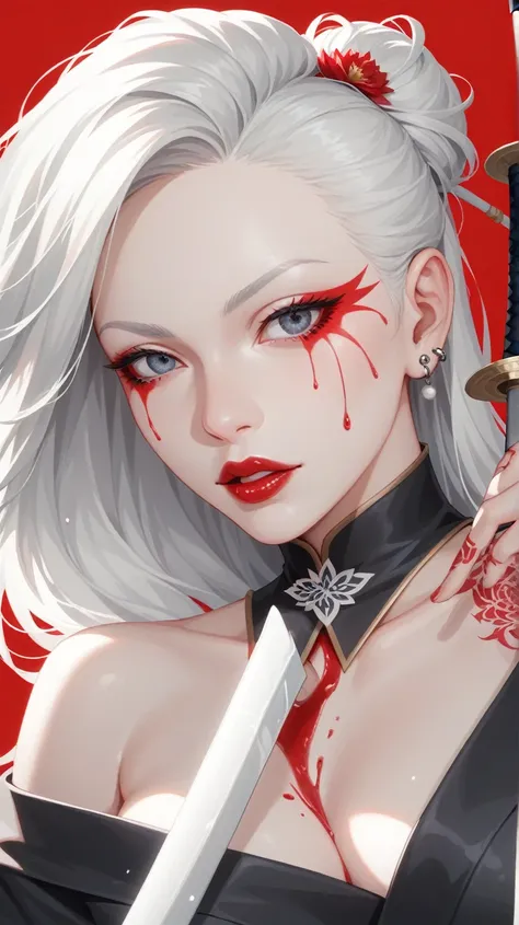 Create a portrait of a warrior woman with platinum white hair styled in a messy bun with loose strands, featuring face tattoos and dramatic red tear-streak makeup. Include multiple ear piercings and sharp facial features with blood-red lips.
Style her in a...