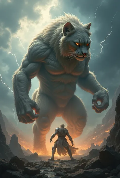 Huge cat fighting a Greek god that measures one meter