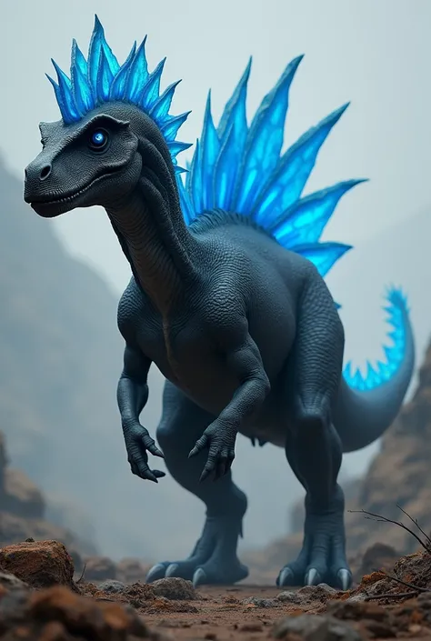 Create for me a carnotaurus with black skin and blue stripes coming out of the eyes and going up to the blue arms and with gray edges