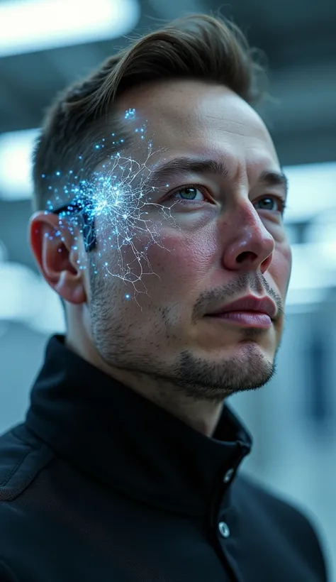  Elon Musk with Neuralink installed in it, in a very futuristic way 