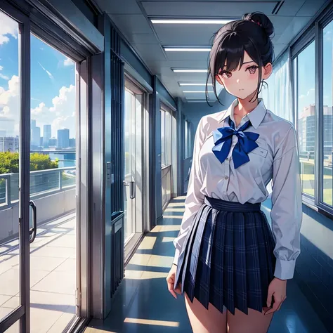  A beautiful girl is standing in the school hallway, viewer , white blouse , plaid pleated skirt,Blue checked bow tie, flat chested,Lean physique,(black hair with bun hair ),A window with a view of the blue sky,High image quality