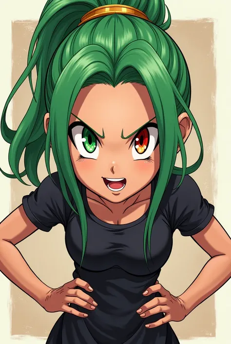 Anike art, manga art, Dragonball artstyle, Akira Toriyama artstyle, female with green hair, red eye and green eye, ponytail hairstyle, confident look, hands on hips