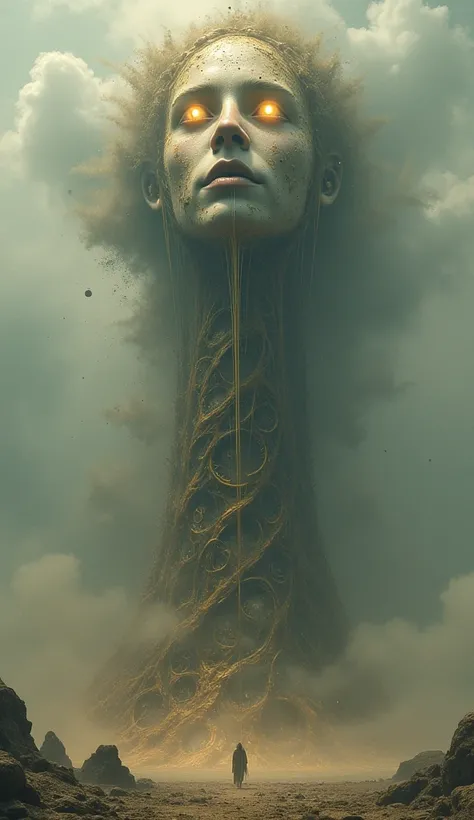  The camera rises up a colossal tower made of molten clocks that flow like wax . At the top,  an expressionless human face emerges slowly ,  with eyes shining like hourglasses . Drops of sand fall from your eyes ,  floating toward the ground as the tower d...