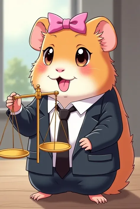 Female guinea pig in a suit and a little pink bow on her head and a scale of justice anime version