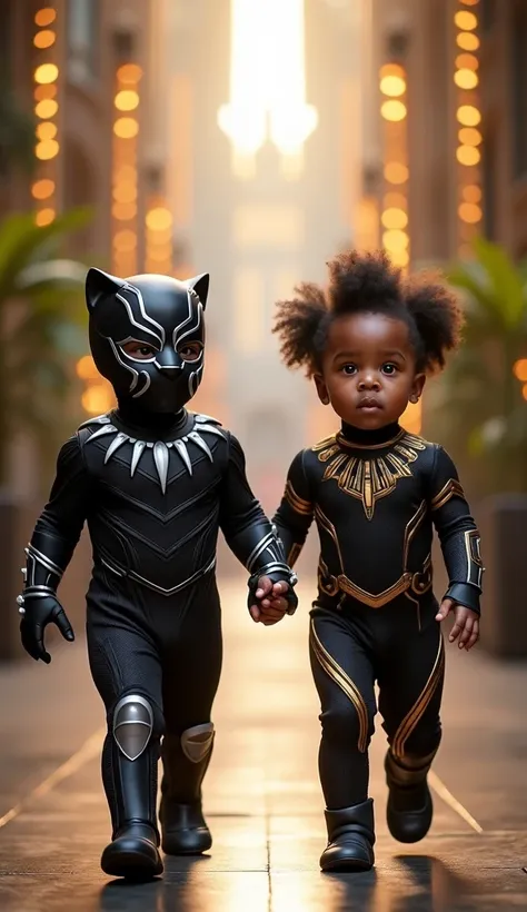 Two adorable toddlers dressed as iconic Black Panther superheroes, walking hand-in-hand in a regal Wakandan setting. One  is dressed as TChalla, the Black Panther, wearing a sleek black suit with silver accents resembling vibranium claws and a detailed pan...