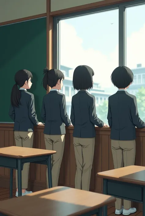 A group of Japanese high school students, wearing gray alma mater jackets, kemeja formal berwarna putih sebagai dalaman, celana panjang formal berwarna coklat krem, gesper berwarna hitam, sepatu sport berwarna putih,want to watch something from the window ...