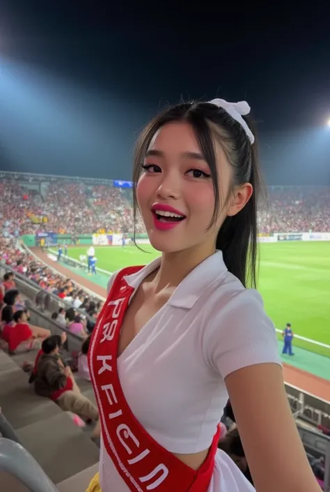 high_resolution, wide angle shot, Full body of a beautiful Thai woman, cheerleader, make up with pink lipstick, eyeliner, black long ponytail hairstyle, hair tied with white ribbon, smile and cheerful face expression, wearing slim fit short sleeve white po...