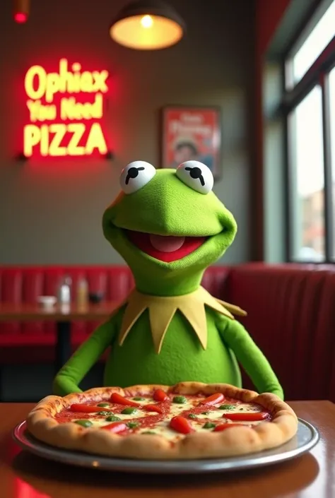 Kermit sits inside a pizzeria, with a sign with text Ophiax you need pizza, large pizza on a plate, Kermit smiles into the camera