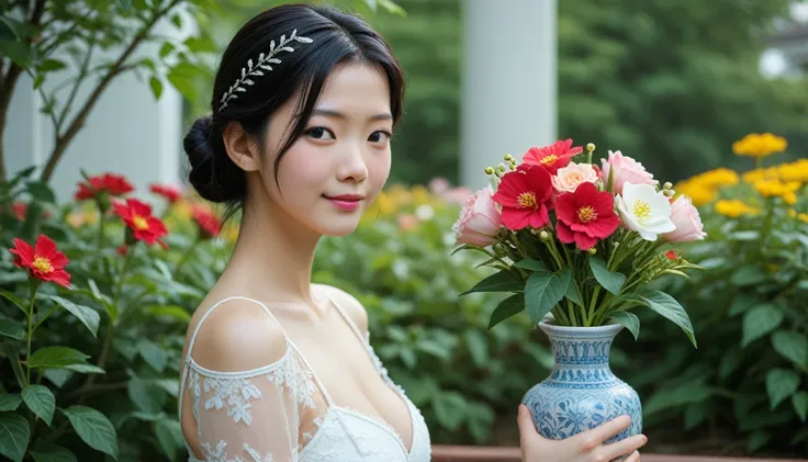 date:20241122;creator:JouliosJack, a close up of a woman holding a vase of flowers, with flowers, magazine photo, by Ayami Kojima, official artwork, jinyoung shin, with frozen flowers around her, by Ni Tian, dilraba dilmurat, jaeyeon nam, cynthwave, hwang ...