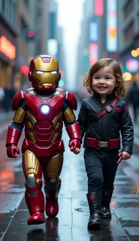 Two adorable toddlers dressed as iconic Marvel superheroes, walking hand-in-hand in a dynamic, tech-inspired setting. One  is dressed as Iron Man, wearing a miniature red and gold armored suit with a glowing arc reactor on their chest, and a helmet partial...