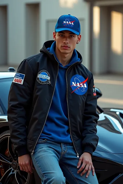  A guy in a blue hat with a black jacket  ,the jacket says NASA , in blue jeans leaned against a McLaren car 