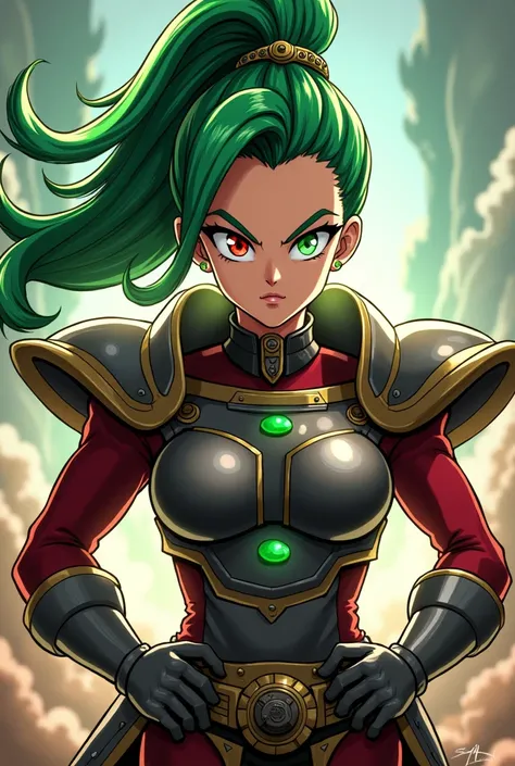 Dragonball artstyle, Akira Toriyama artstyle, female with green hair, red eye and green eye, ponytail hairstyle, confident look, hands on hips, early 20s, evil, wearing armor