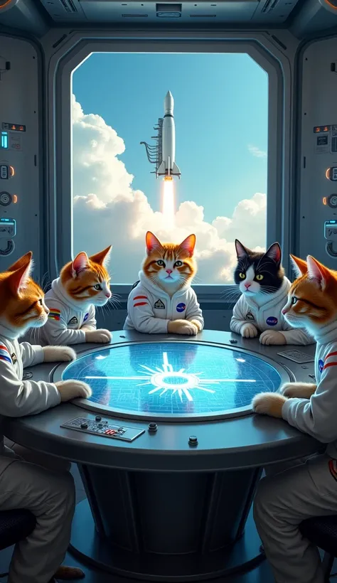 A group of serious-looking cats sits around a high-tech round table. Each cat wears a custom-fit, clean white NASA-style formula suit with embroidered patches of their ranks and a Cat Nation flag. One cat points at a holographic blueprint of a rocket proje...