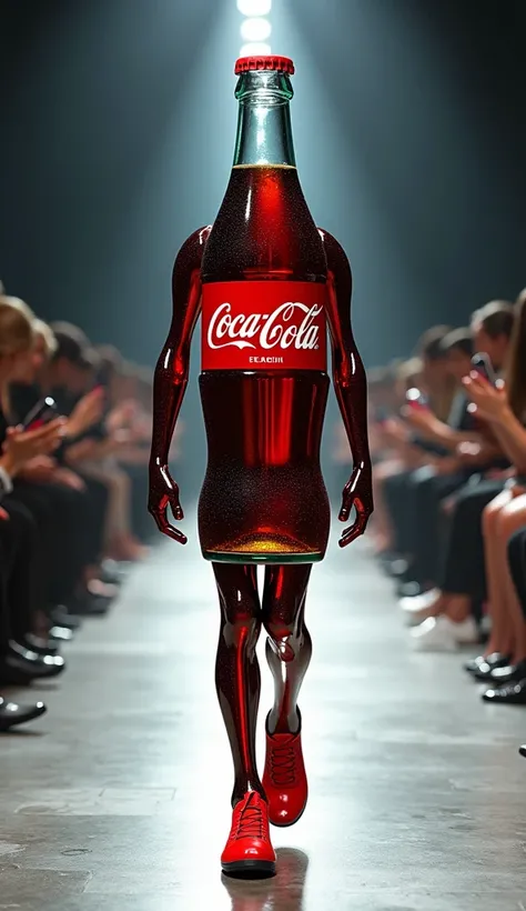 An ultra-realistic image of a Cocacola bottle with arms and legs walking confidently down a fashion runway, with real people in the audience watching.