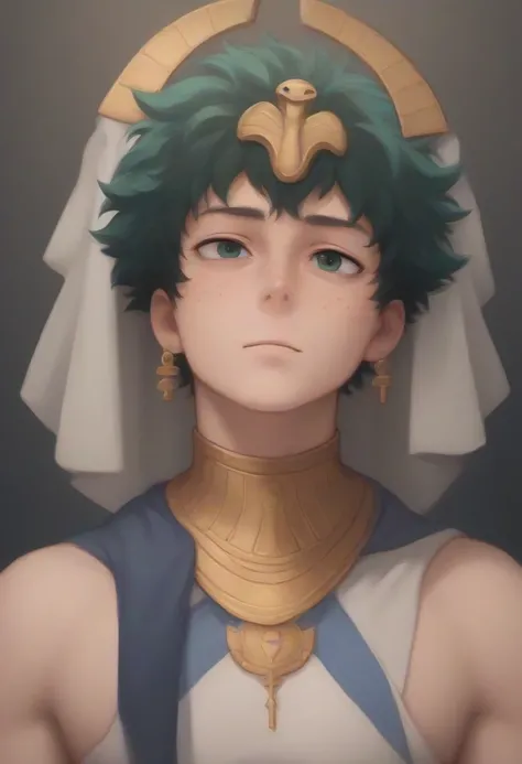 Izuku Midoriya and adorable face with Egyptian prince costume and shy face and a crystal on his forehead and divine body