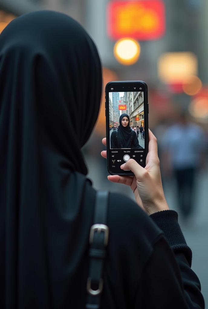 A Muslim girl see BTS in mobile display. muslim girl in back side. realistics . beauty . hijab . BTS. Mobile display. light . take photo in back side. girl see mobile. without front side. without girl face . no girl on display. BTS on display of mobile