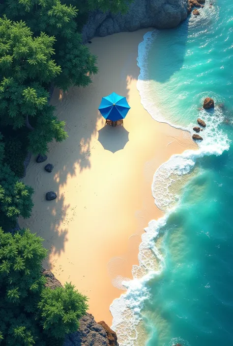 An aerial view of a serene sandy beach with a single blue umbrella, a perfect getaway.
Nestled between the lush greenery and the pristine blue waters, the sandy shore beckons with its tranquil beauty. A single blue umbrella stands as a stark contrast again...