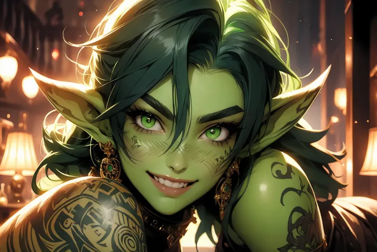 absurdres, masterpiece, 4k, extremely muscular goblin tomboy, green skin, pointy ears, green eyes, short length messy green punk hair, many tattoos, face tattoo, 1girl, solo, seductive eyes, seductive smile, extreme close up on face, focus on eyes, profess...