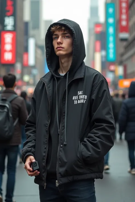 A 20-year-old man is standing on the street wearing a jacket with a hood, the jacket is written SAID, he is watching people pass by, he is holding a phone in his hand