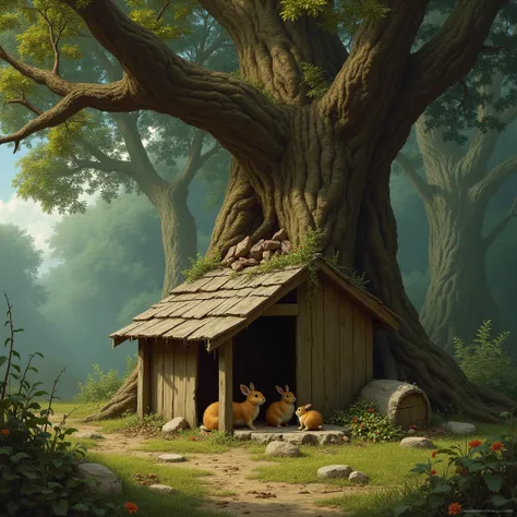 
An early Renaissance-style image, of a large tree branch breaking off and falling on a small wooden rabbit house under a tree, shattering the roof of the rabbits wooden house