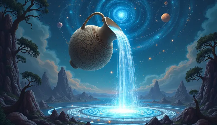 Prompt 7: The Cosmic Waterfall of Knowledge (Surreal Fantasy Style)Picture a massive, ancient Greek jug floating high in the sky, tilted downward as it pours an endless stream of glowing, magical water into the world below. The scene is depicted in a surre...