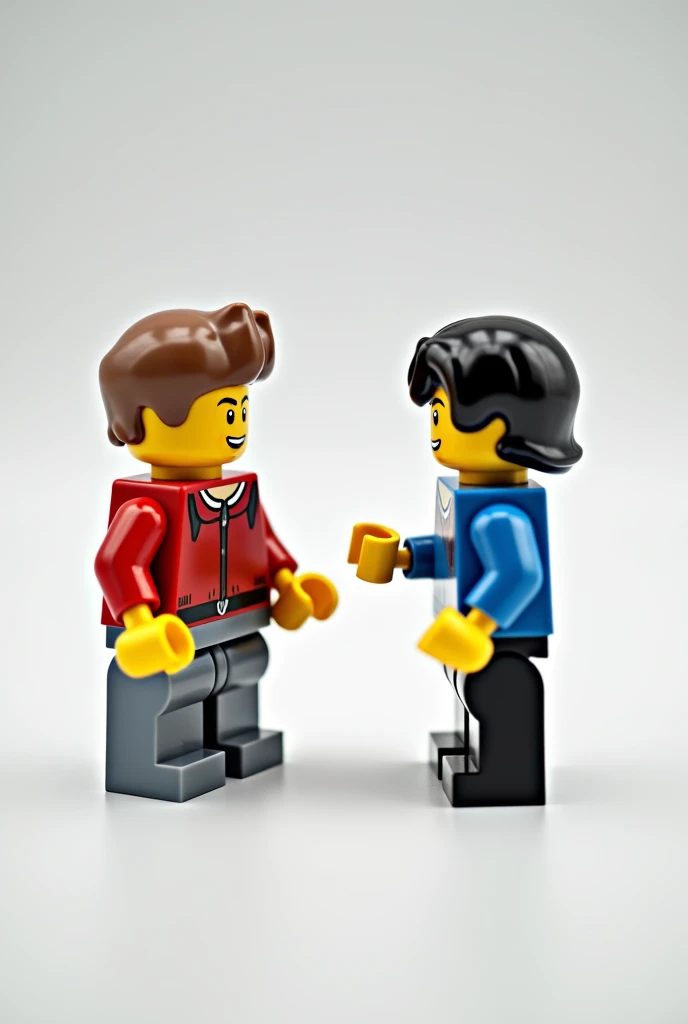 2 lego characters speaking with blank background