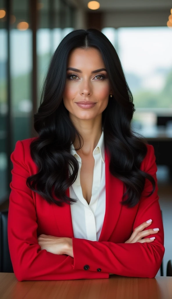 30-year-old woman with very long, black hair in well-defined curls that fall over her arms. She is wearing an elegant red blazer with modern details and a white blouse underneath. She is sitting in an office chair, with a confident posture and looking dire...