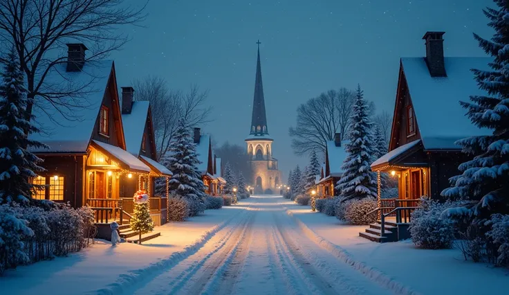 A serene snow-covered town, glowing softly with festive lights and Christmas decorations. The night is still, and the streets are quiet except for a light snowfall. In the distance, a warm, golden glow shines through the windows of a church, where a choir ...