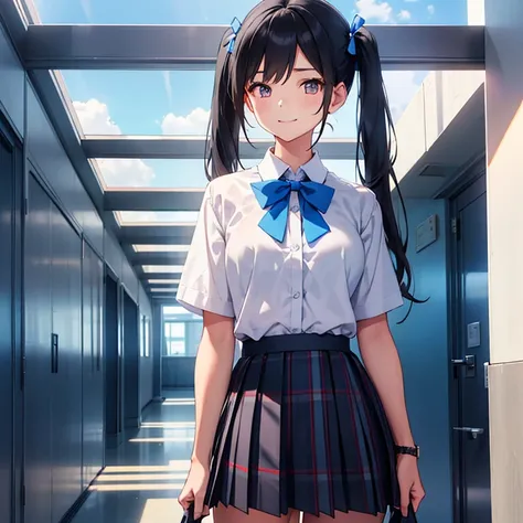  A beautiful girl is standing in the school hallway, viewer ,Smile,White short sleeve blouse, plaid pleated skirt,Blue checked bow tie, flat chested,Lean physique,(black hair with long twin tails),A window with a view of the blue sky,High image quality