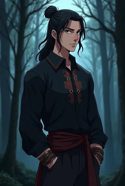  A guy aged 27 .  In anime style, he stands full-length .  Her body is muscular , dressed in Slavic clothes with black embroidered shirts. against the background of a night forest . 
face:  oval ,  but with a strong jawline  ,  features are soft , but conf...