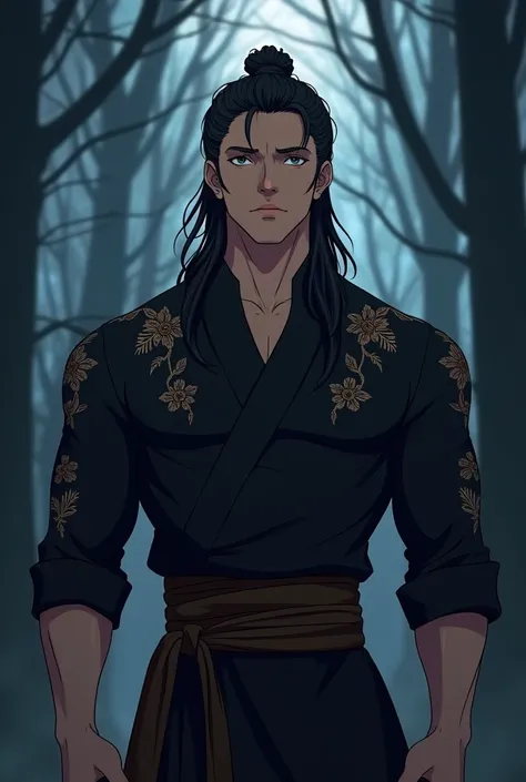  A guy aged 27 .  In anime style, he stands full-length .  Her body is muscular , dressed in Slavic clothes with black embroidered shirts. against the background of a night forest . 
face:  oval ,  but with a strong jawline  ,  features are soft , but conf...