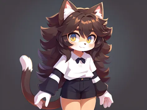 cute cat boy with thick hair, detailed body, regular clothes, high quality